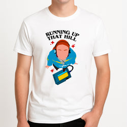 Running Up That Hill Unisex T-Shirt, worn by a male model.