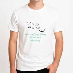 Like Most My Stories Unisex T-Shirt, worn by a male model.