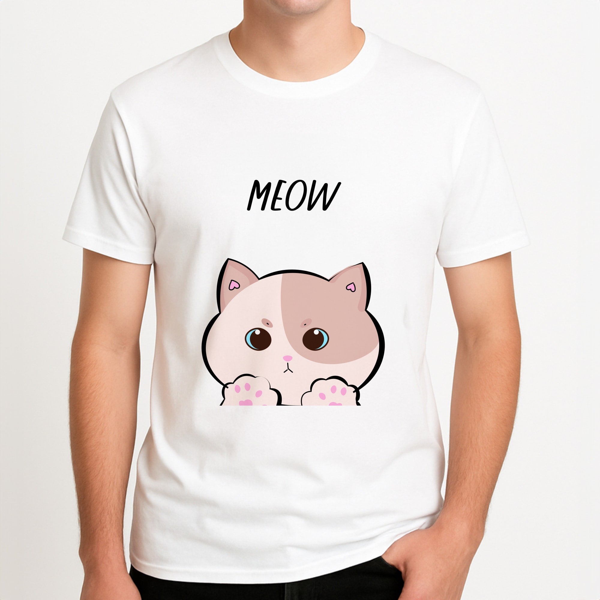 Pale Cat - Cats Unisex T-Shirt, worn by a male model.