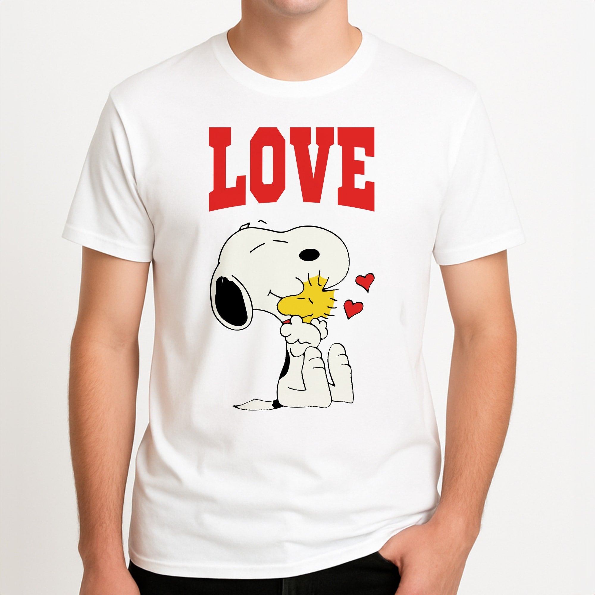 Love Cartoon Beagle  Unisex T-Shirt, worn by a male model.