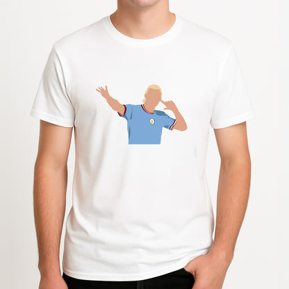 Haaland - Football Unisex T-Shirt, worn by a male model.