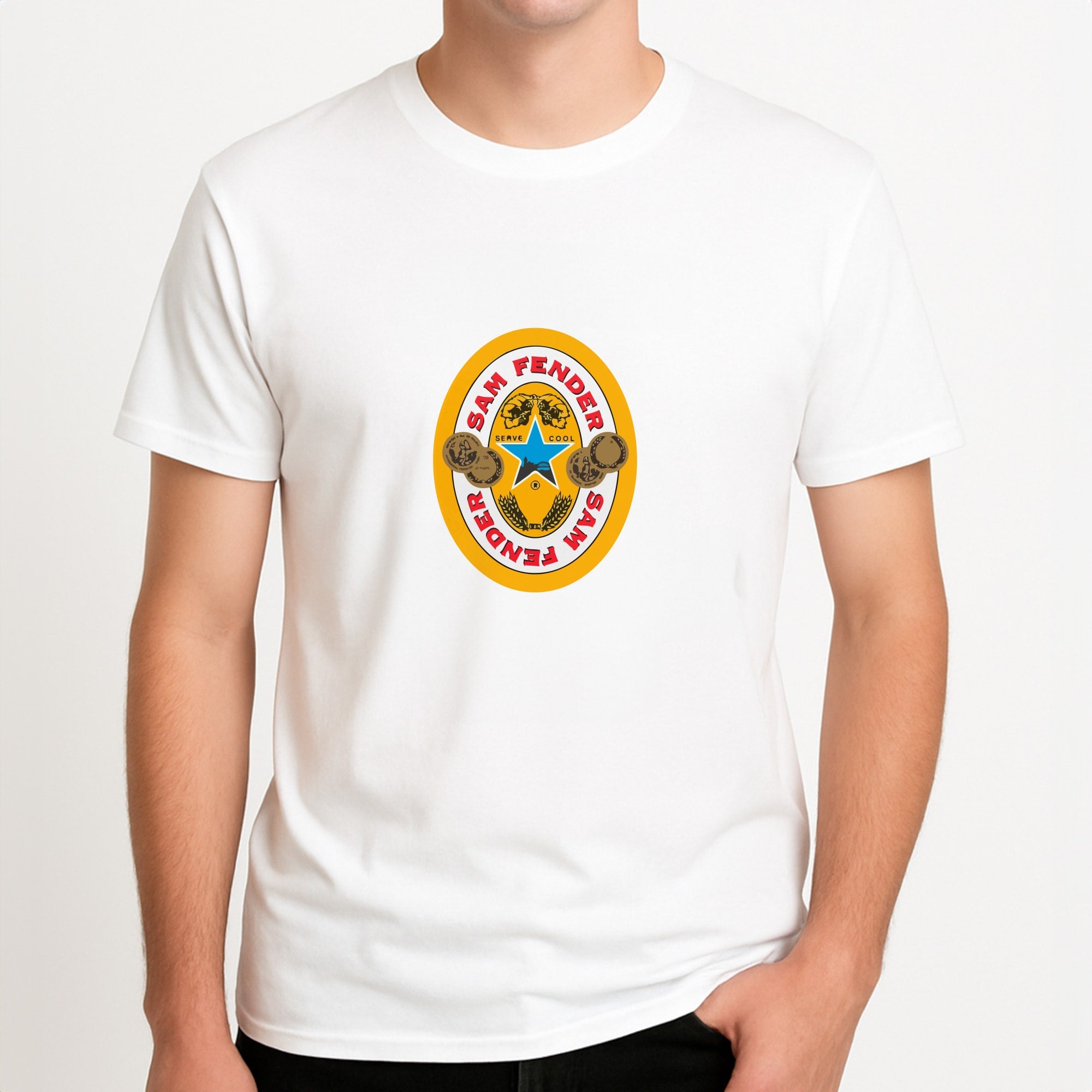 Fender Badge Unisex T-Shirt, worn by a male model.