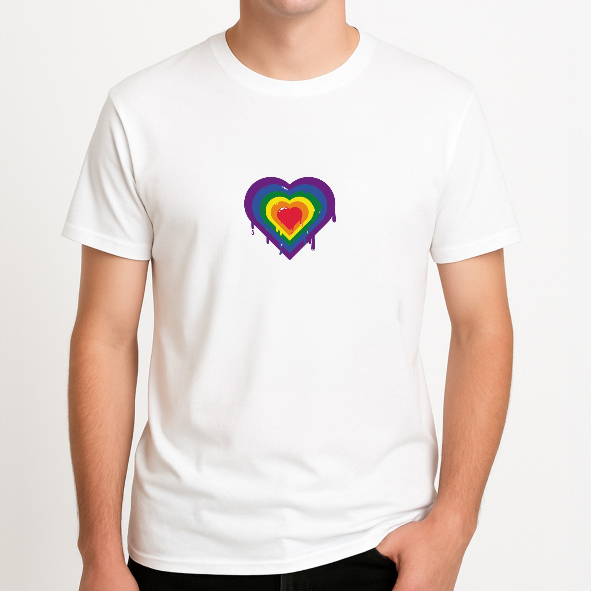 Dripped heart - Pride Unisex T-Shirt, worn by a male model.