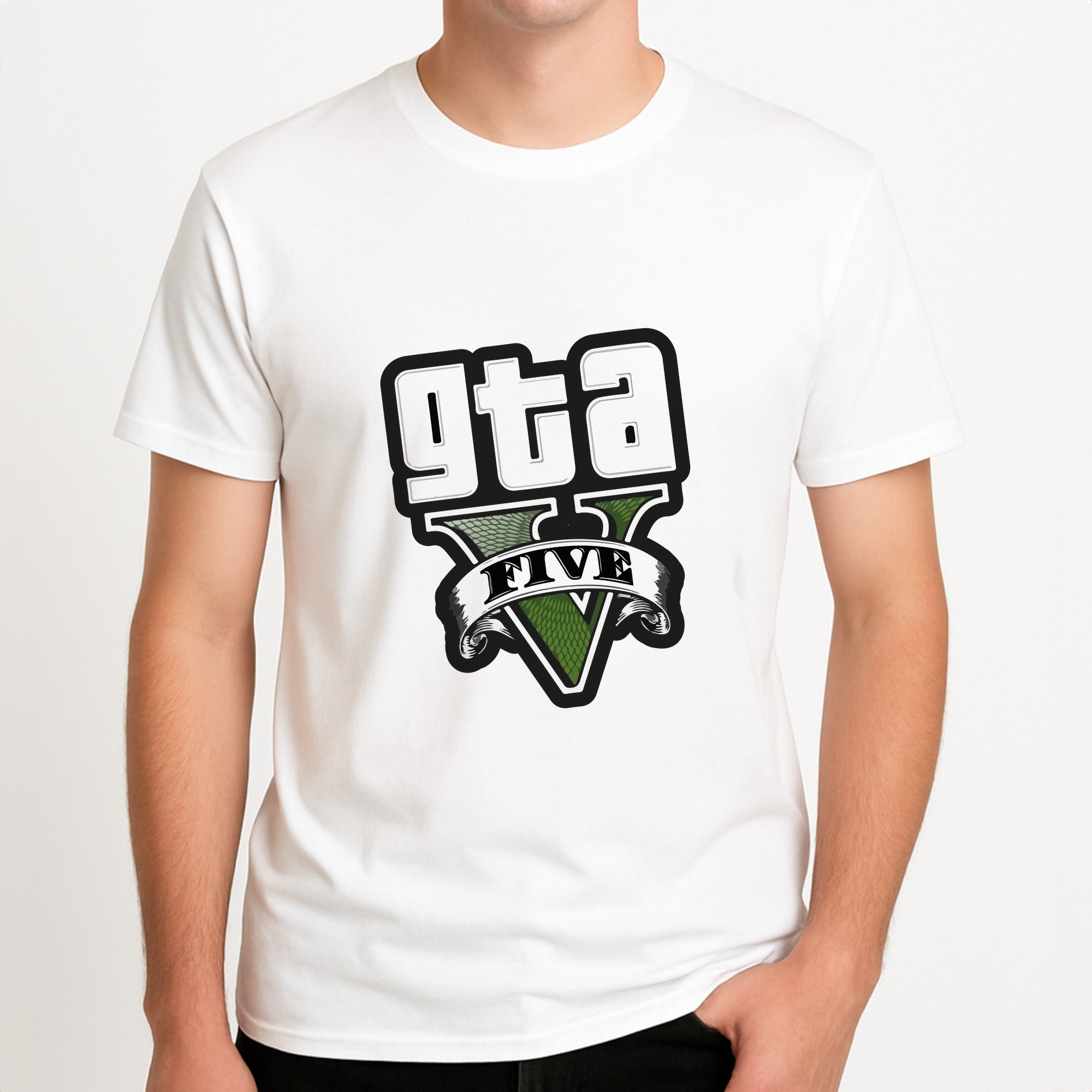 Green Five - Video Game Unisex T-Shirt, worn by a male model.