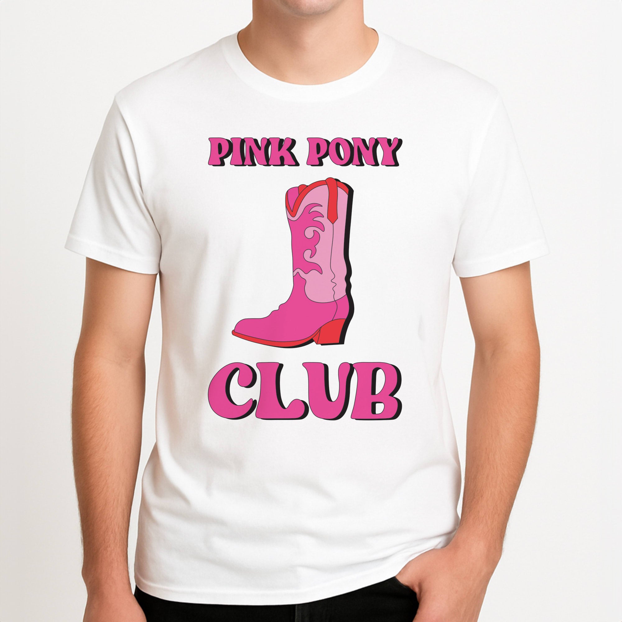 Zebra Print Pink Pony Club Unisex T-Shirt, worn by a male model.
