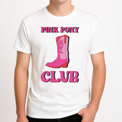 Zebra Print Pink Pony Club Unisex T-Shirt, worn by a male model.