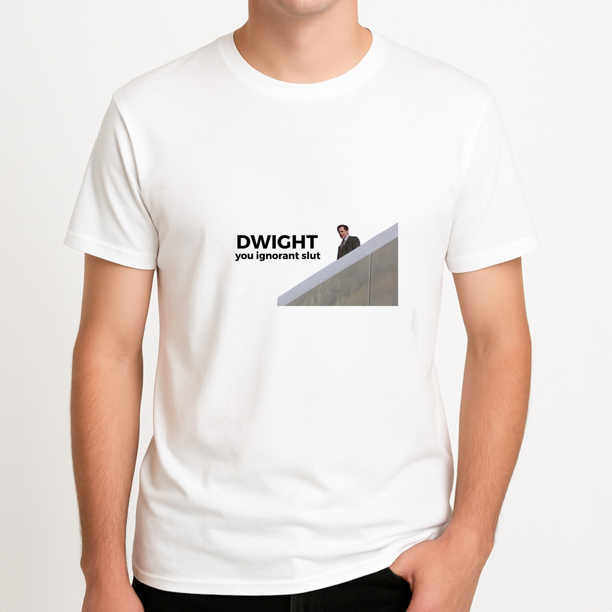 Dwight, You Ignorant Slut Unisex T-Shirt, worn by a male model.