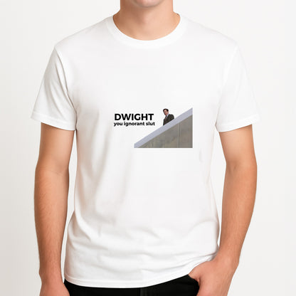 Dwight, You Ignorant Slut Unisex T-Shirt, worn by a male model.