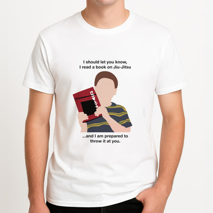 Book On Jiu-Jitsu - Sheldon Unisex T-Shirt, worn by a male model.