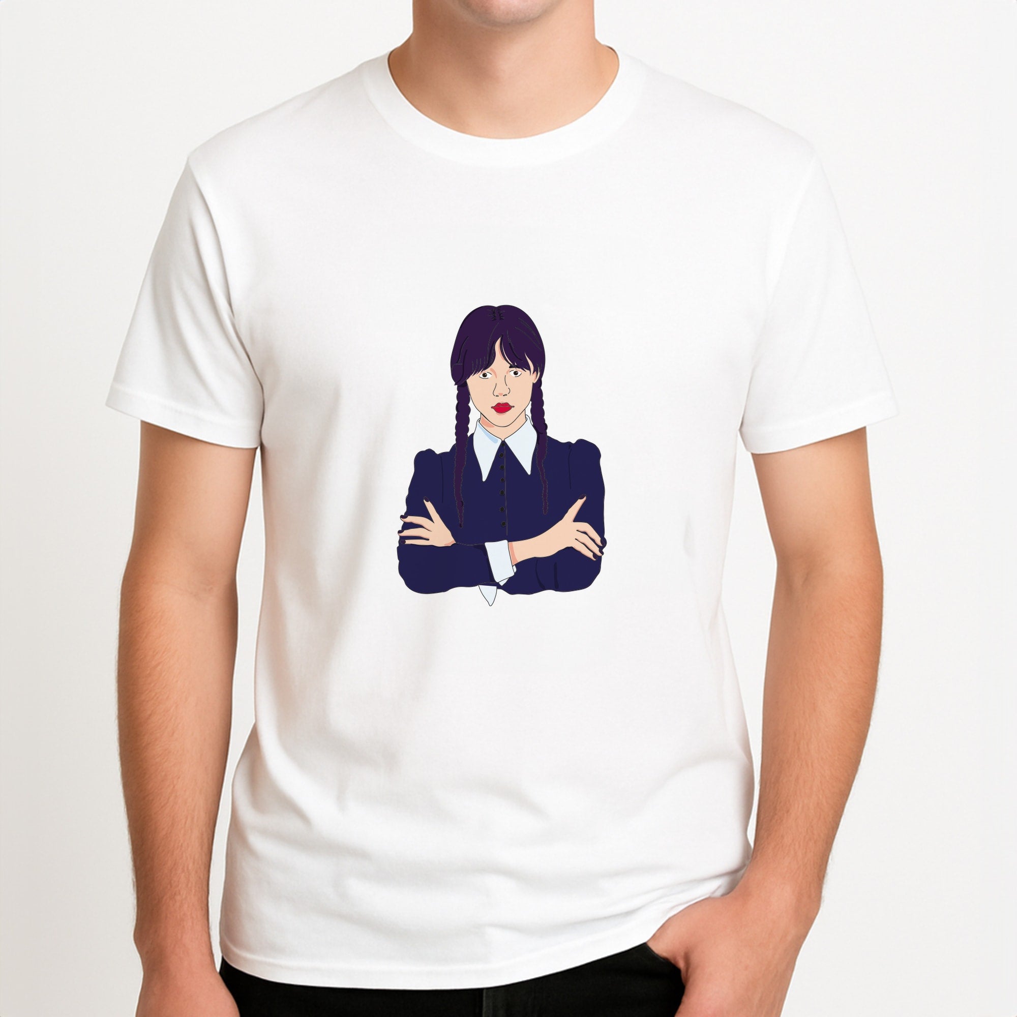 Wednesday Addams Wednesday Unisex T-Shirt, worn by a male model.
