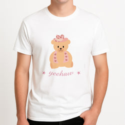 Yeehaw Teddy Bear Unisex T-Shirt, worn by a male model.