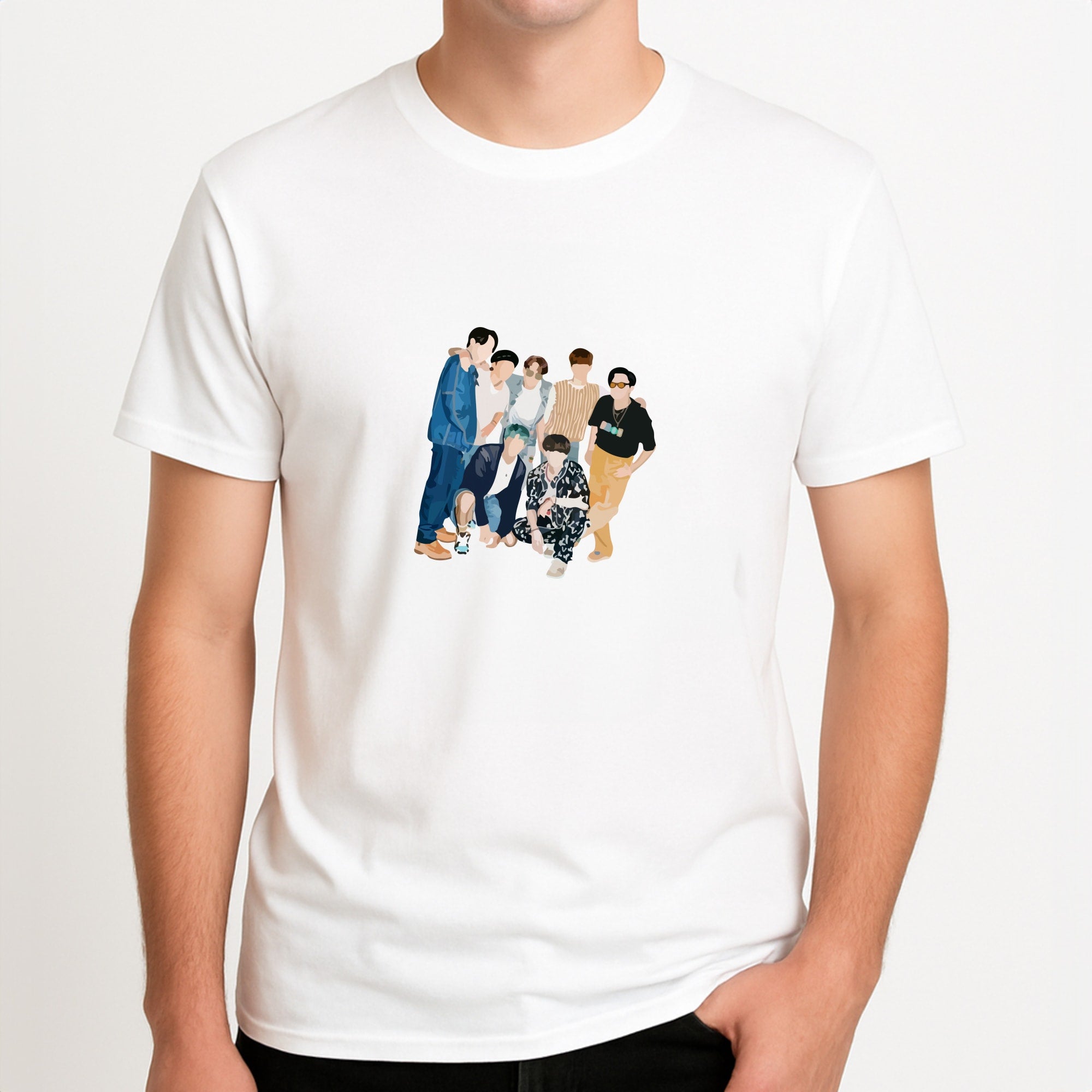 Casual K-Pop Band Band Unisex T-Shirt, worn by a male model.