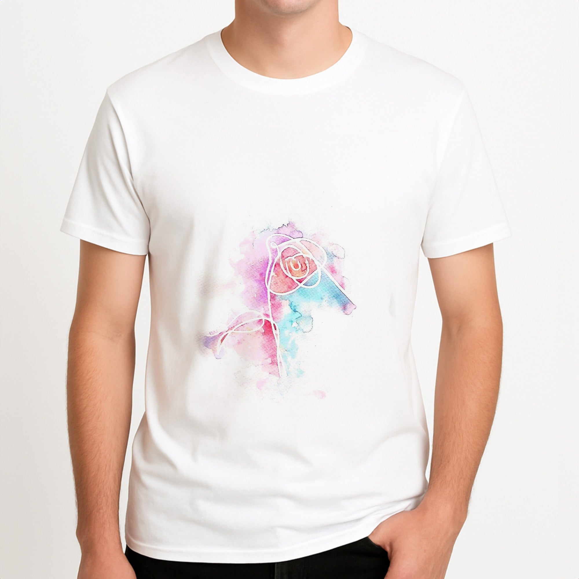 K-Pop Band Love Yourself Watercolour Painting Unisex T-Shirt, worn by a male model.