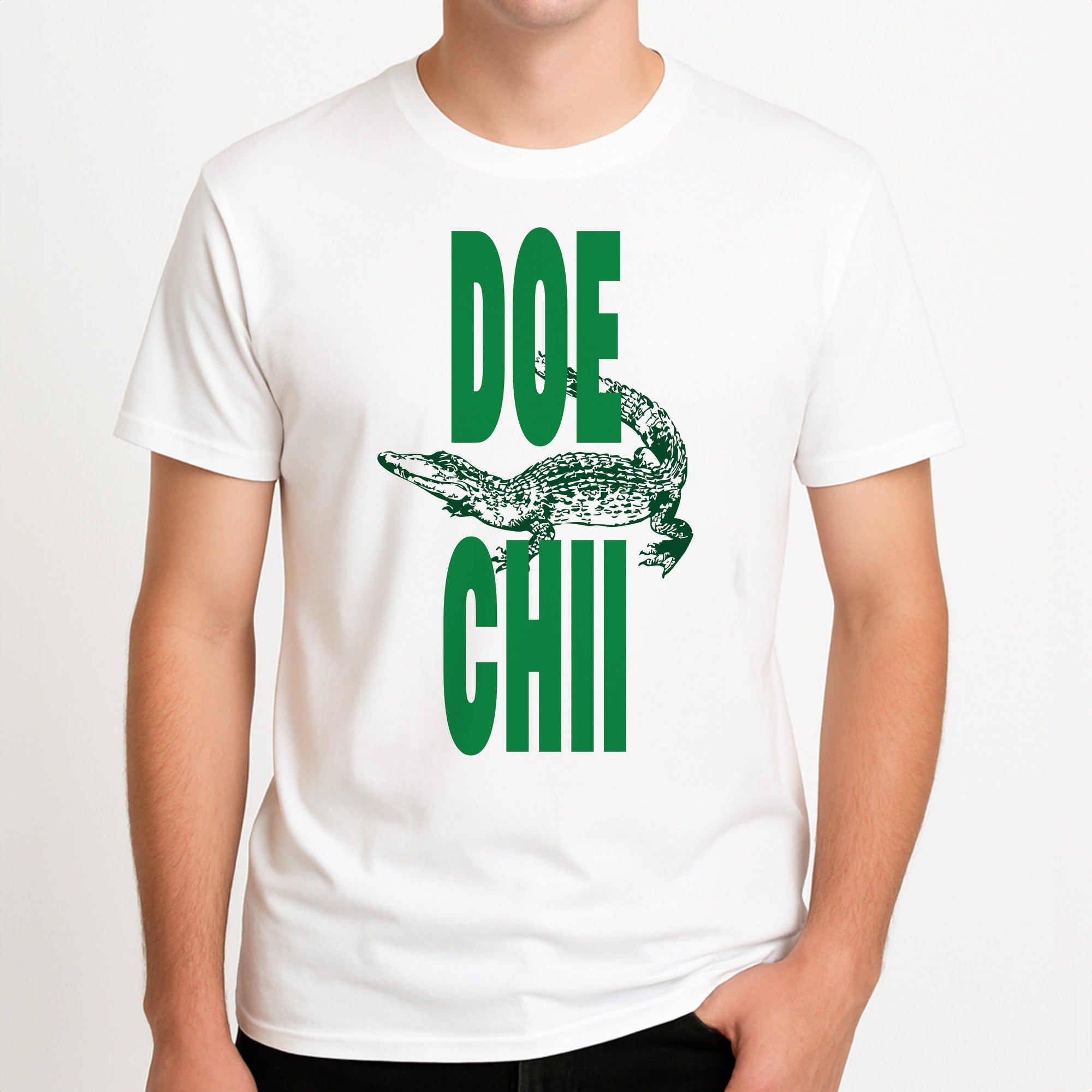 Rapper Alligator Print Unisex T-Shirt, worn by a male model.