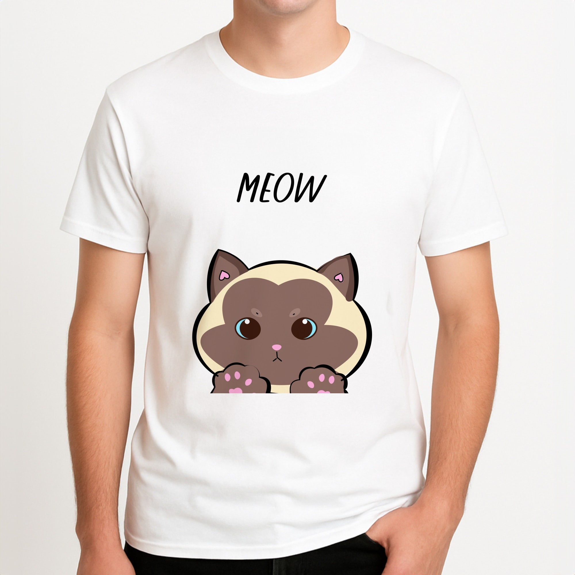 Meow Green - Cats Unisex T-Shirt, worn by a male model.