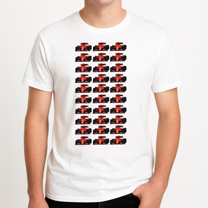 F1 Car Collage Unisex T-Shirt, worn by a male model.