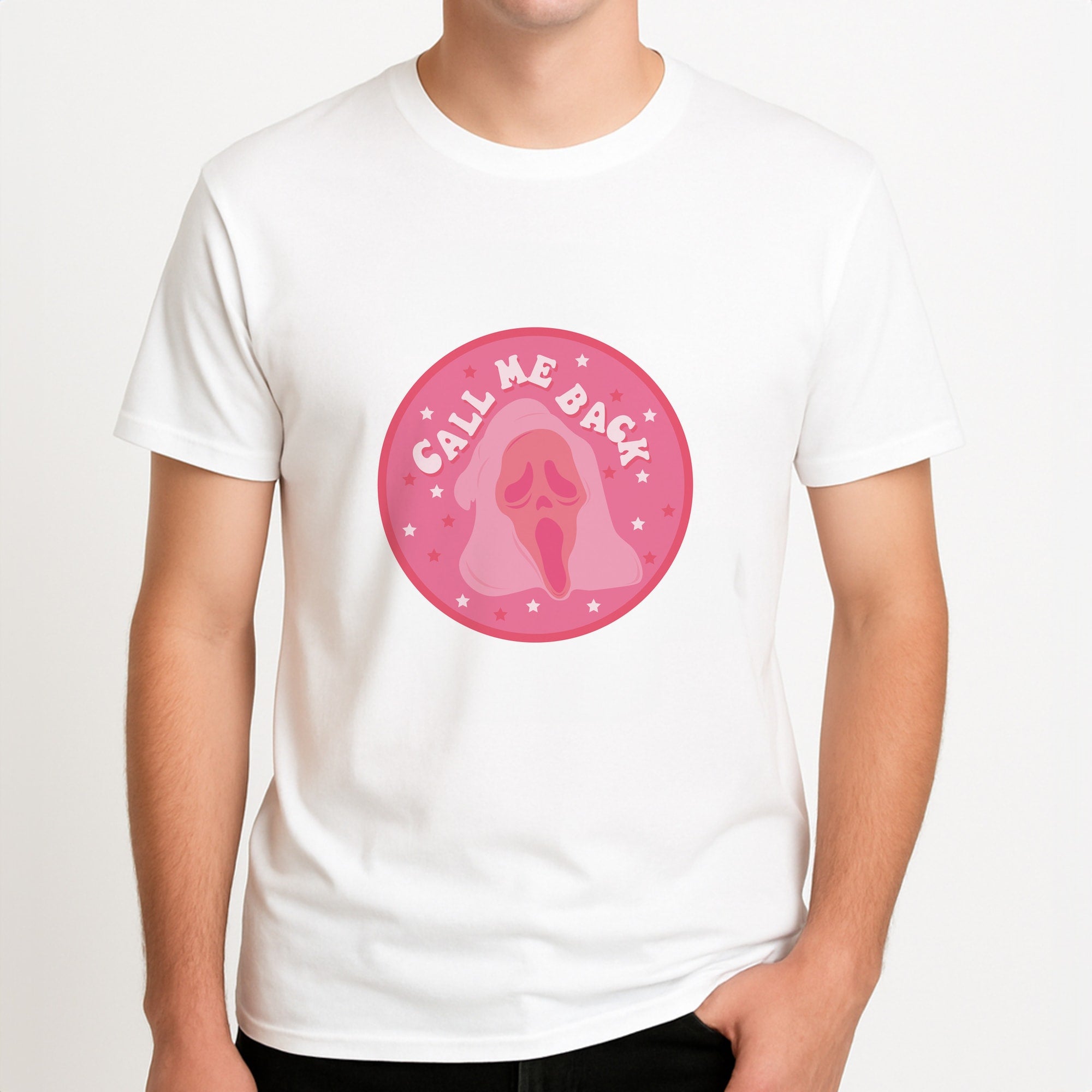 Call Me Back Ghostface - Scream Unisex T-Shirt, worn by a male model.
