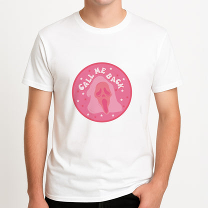 Call Me Back Ghostface - Scream Unisex T-Shirt, worn by a male model.