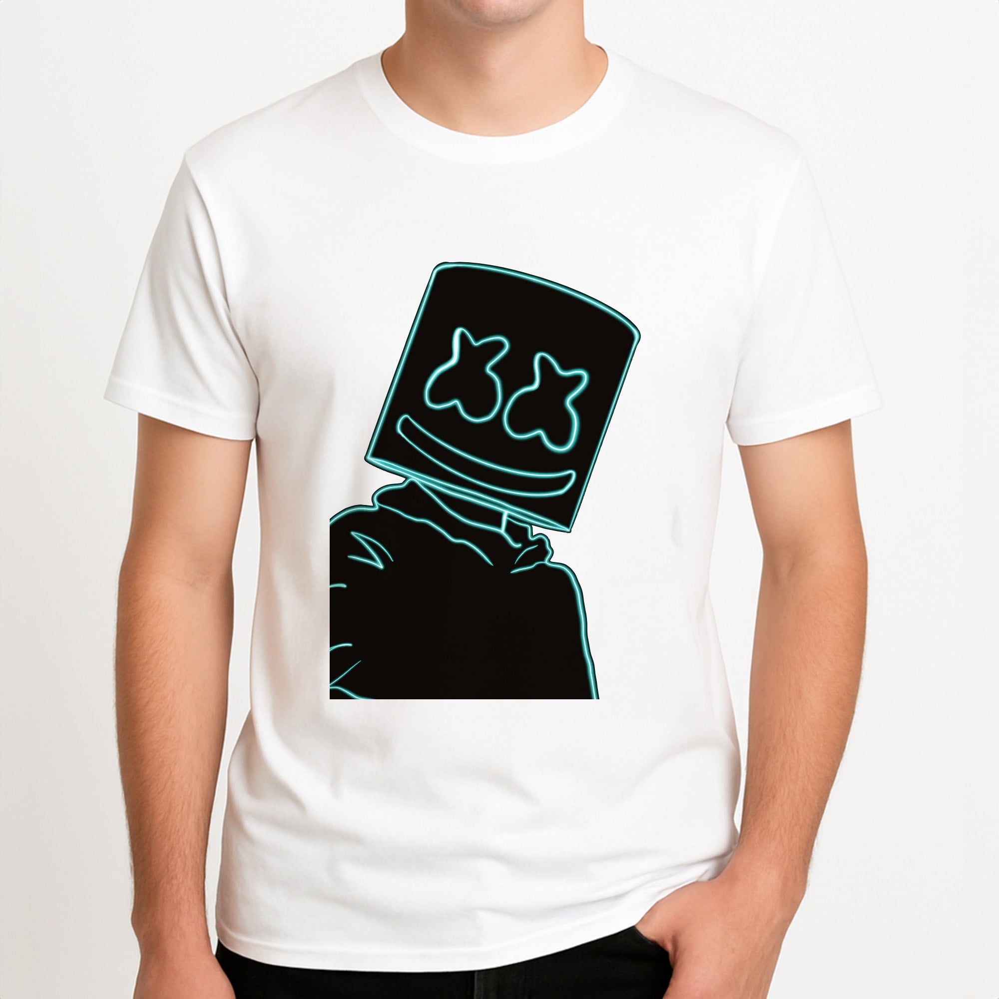 Black White Helmet DJ Neon Unisex T-Shirt, worn by a male model.