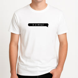 R U Mine? Unisex T-Shirt, worn by a male model.