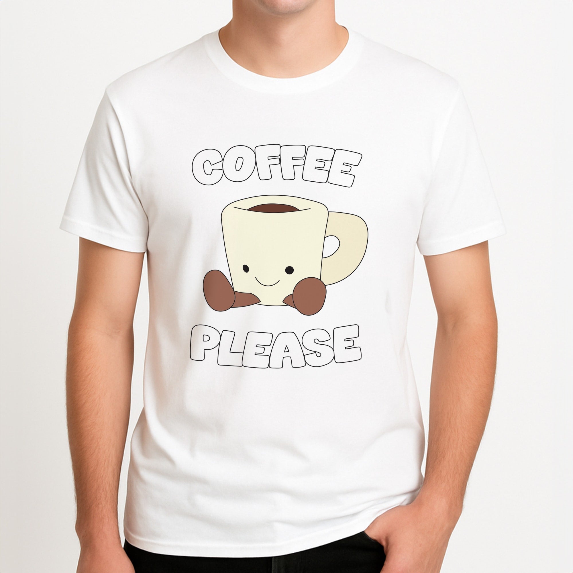 Coffee Please Mug Unisex T-Shirt, worn by a male model.