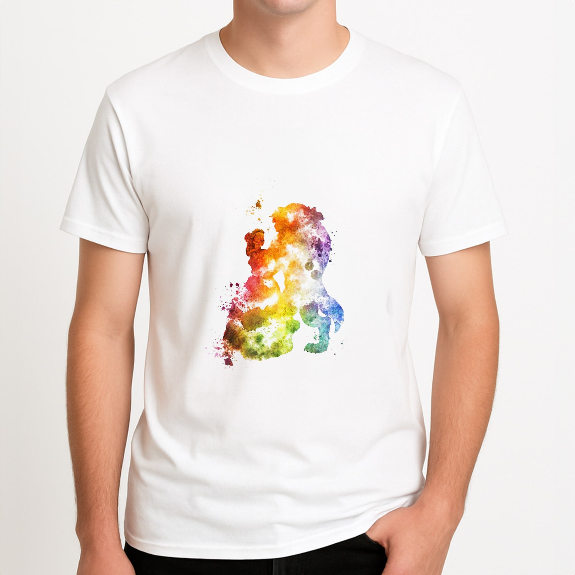Watercolour Beauty Fairytale Unisex T-Shirt, worn by a male model.