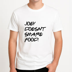 Joey Doesn't Share Food, Black Unisex T-Shirt, worn by a male model.