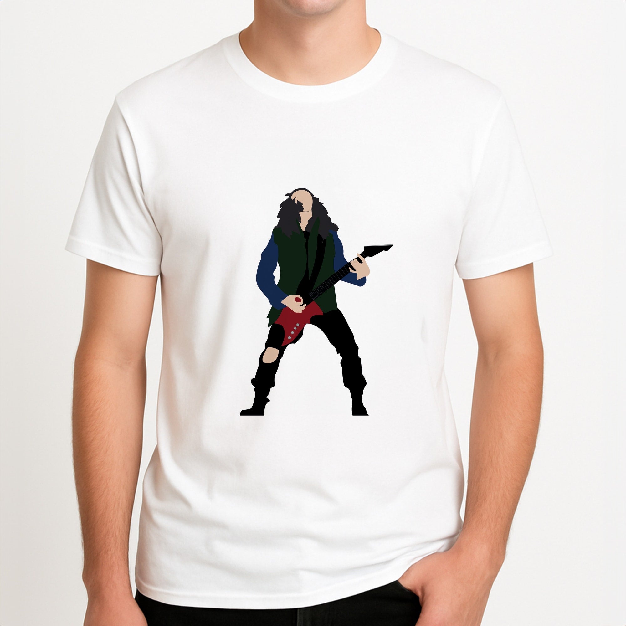 Eddie Munson Playing Guitar Unisex T-Shirt, worn by a male model.