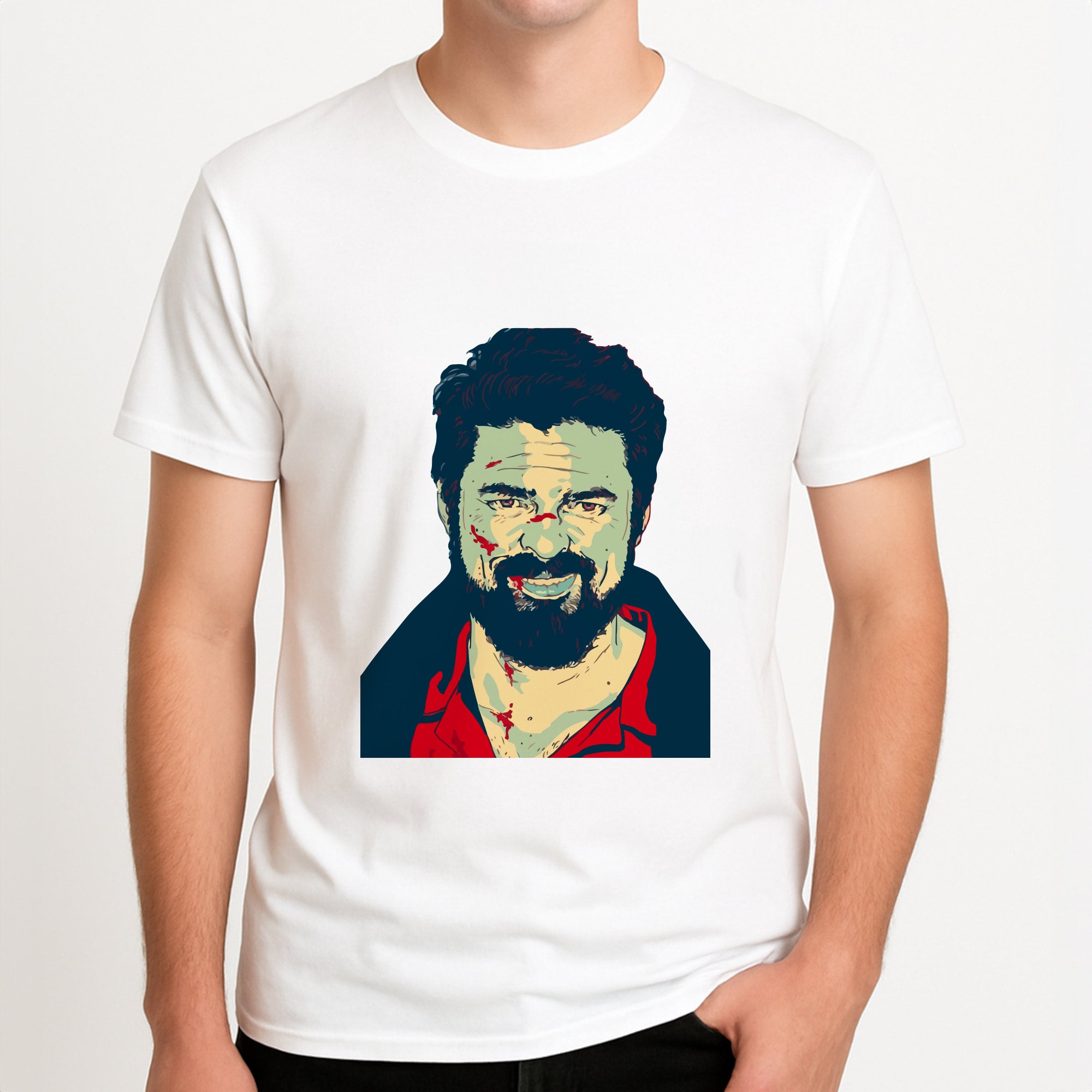 Billy Butcher Face Unisex T-Shirt, worn by a male model.