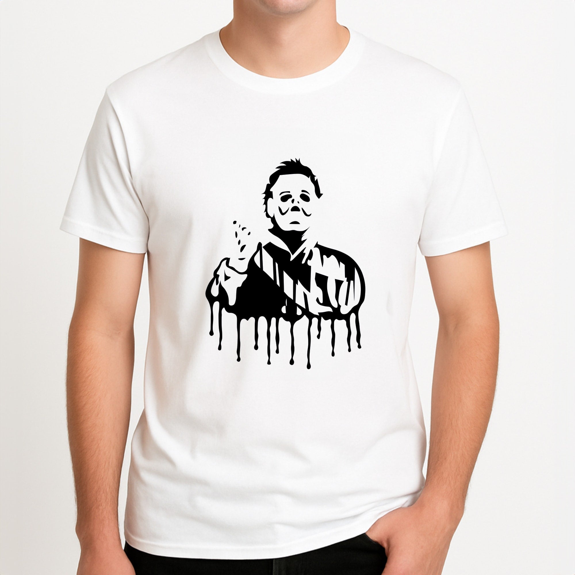 Black & White - Myers Unisex T-Shirt, worn by a male model.