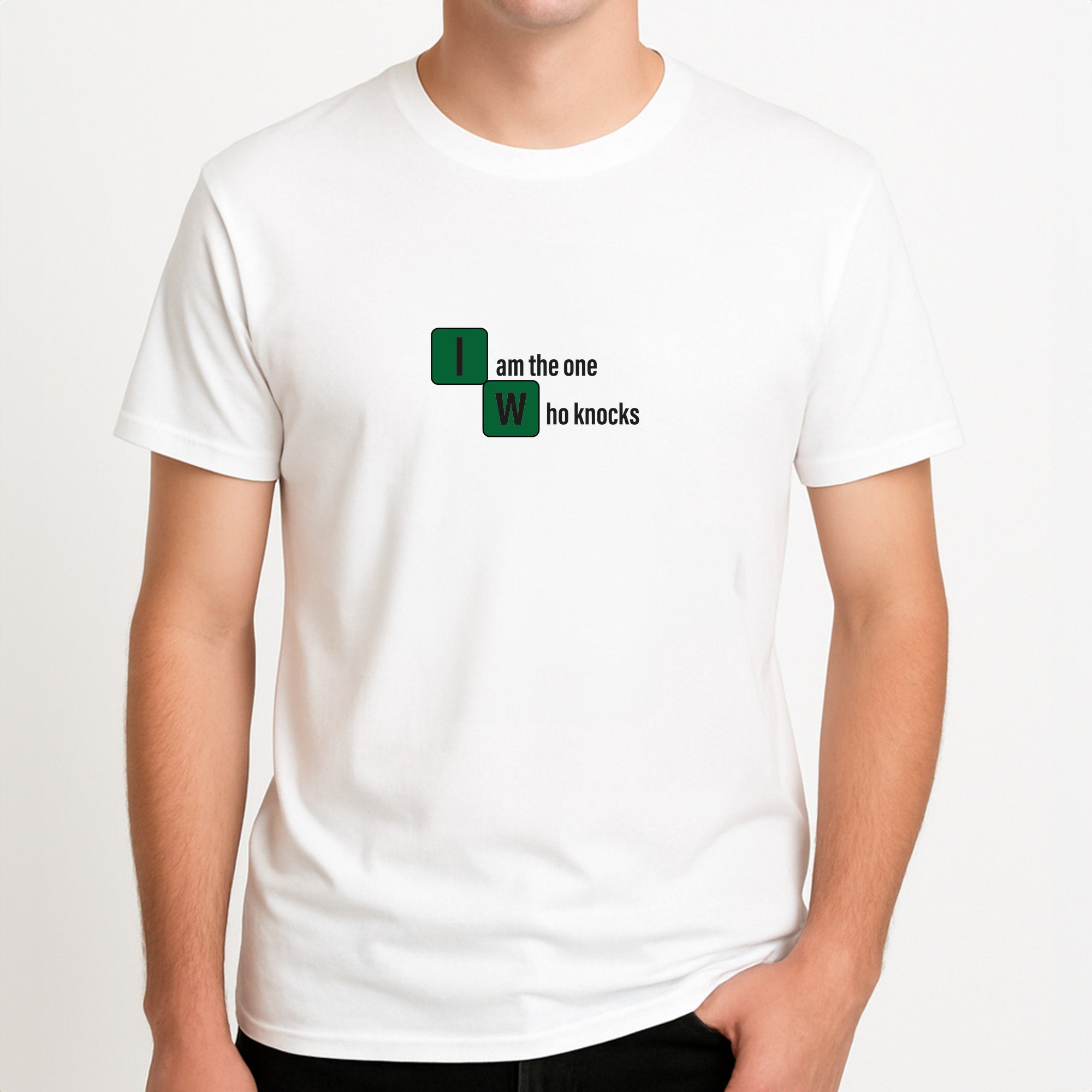 I Am The One Who Knocks Unisex T-Shirt, worn by a male model.