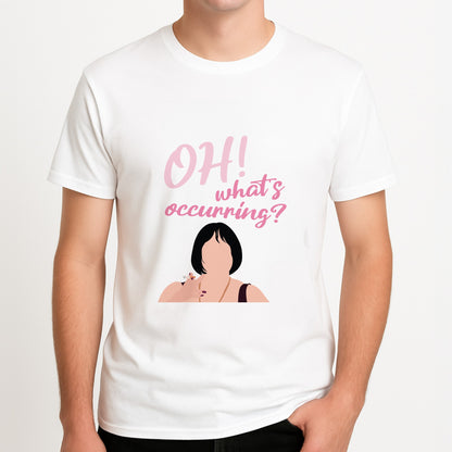 What's Occuring? Unisex T-Shirt, worn by a male model.
