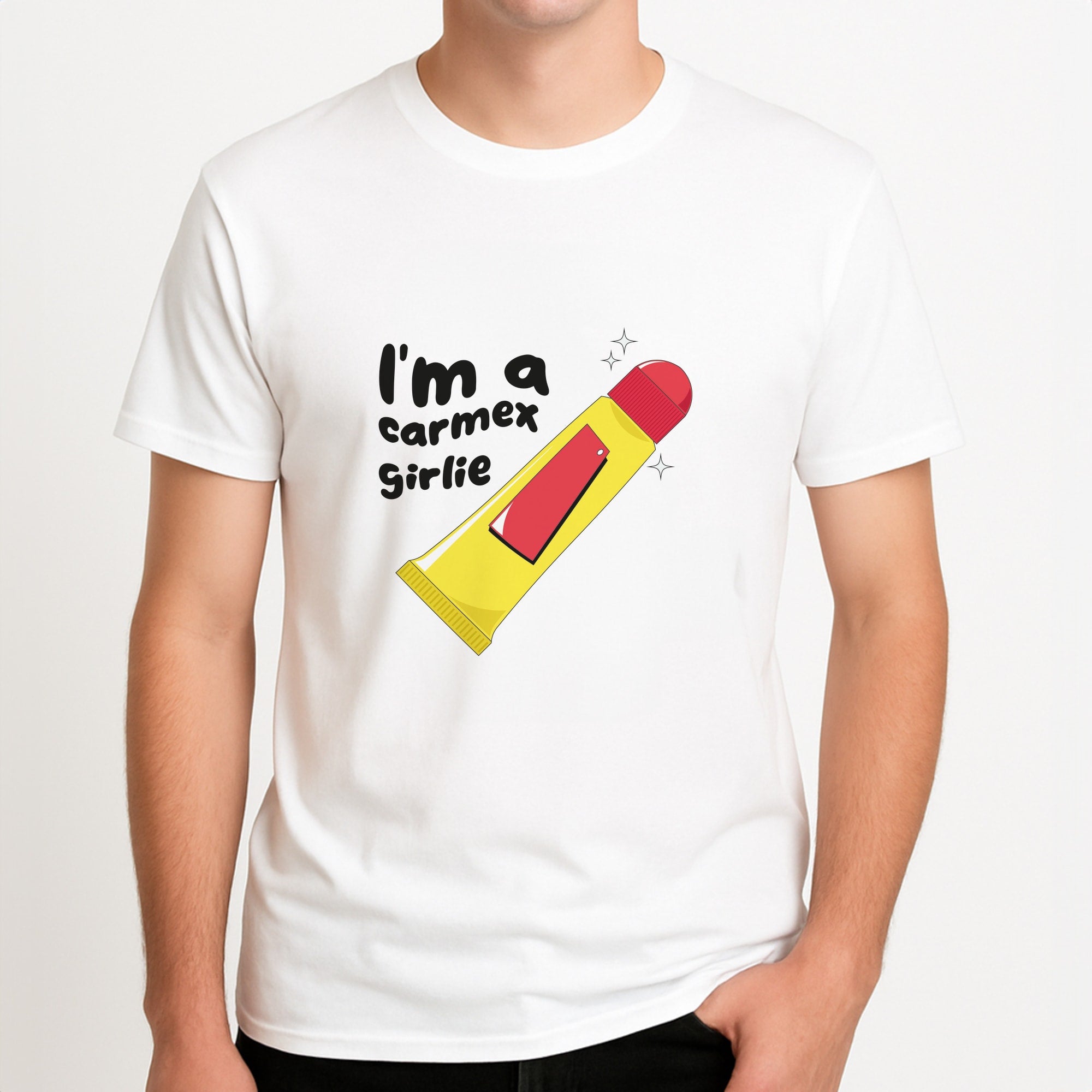 I'm A Carmex Girlie - Chamberlain Unisex T-Shirt, worn by a male model.