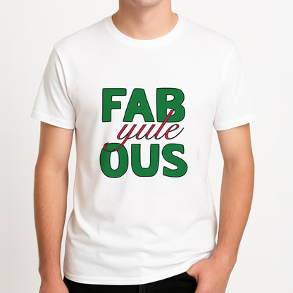 Fab-Yule-Ous Red - Christmas Puns Unisex T-Shirt, worn by a male model.
