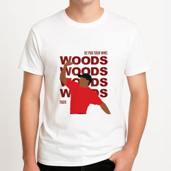 Woods Dark Red Unisex T-Shirt, worn by a male model.