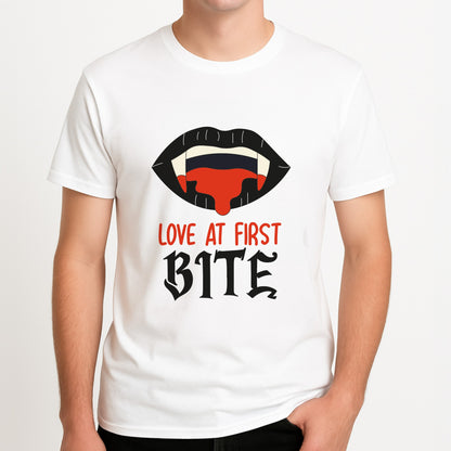 Love At First Bite - VD Unisex T-Shirt, worn by a male model.