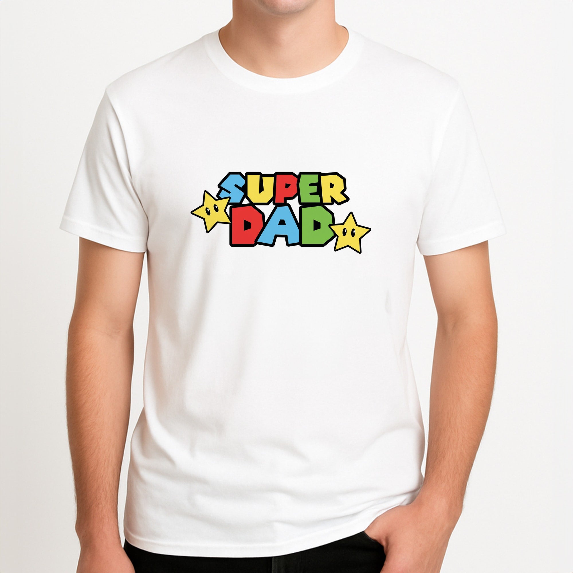 Super Dad  Unisex T-Shirt, worn by a male model.