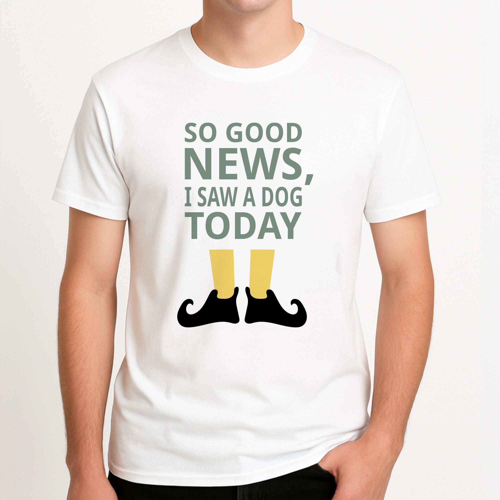 I Saw A Dog Today - Elf Unisex T-Shirt, worn by a male model.
