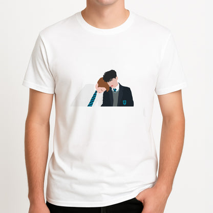 Nick And Charlie School Clothes - Heart TV Unisex T-Shirt, worn by a male model.