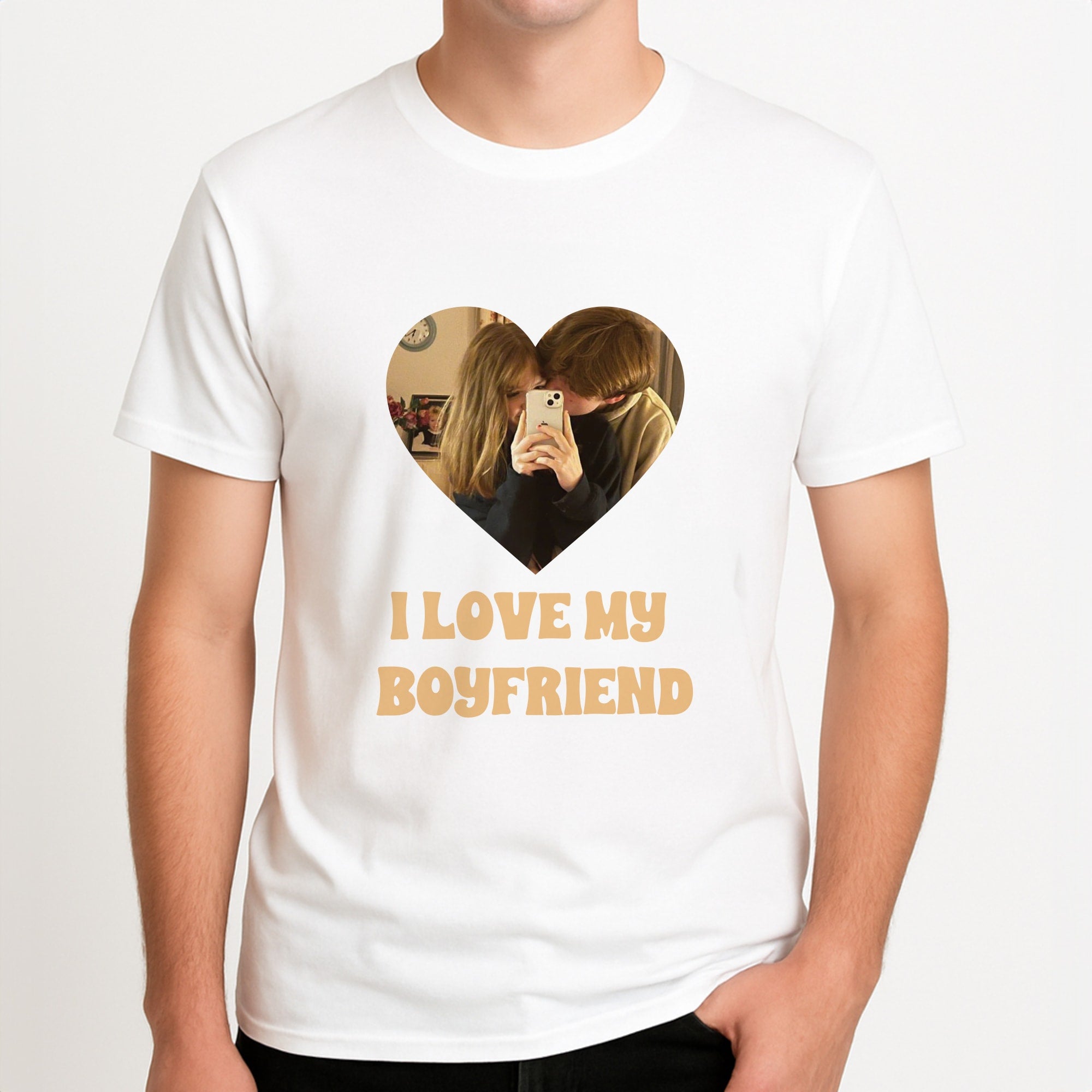 I Love My Boyfriend - Personalised Couples Unisex T-Shirt, worn by a male model.