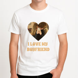 I Love My Boyfriend - Personalised Couples Unisex T-Shirt, worn by a male model.
