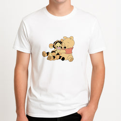 A Hug Said Pooh - Winnie Unisex T-Shirt, worn by a male model.