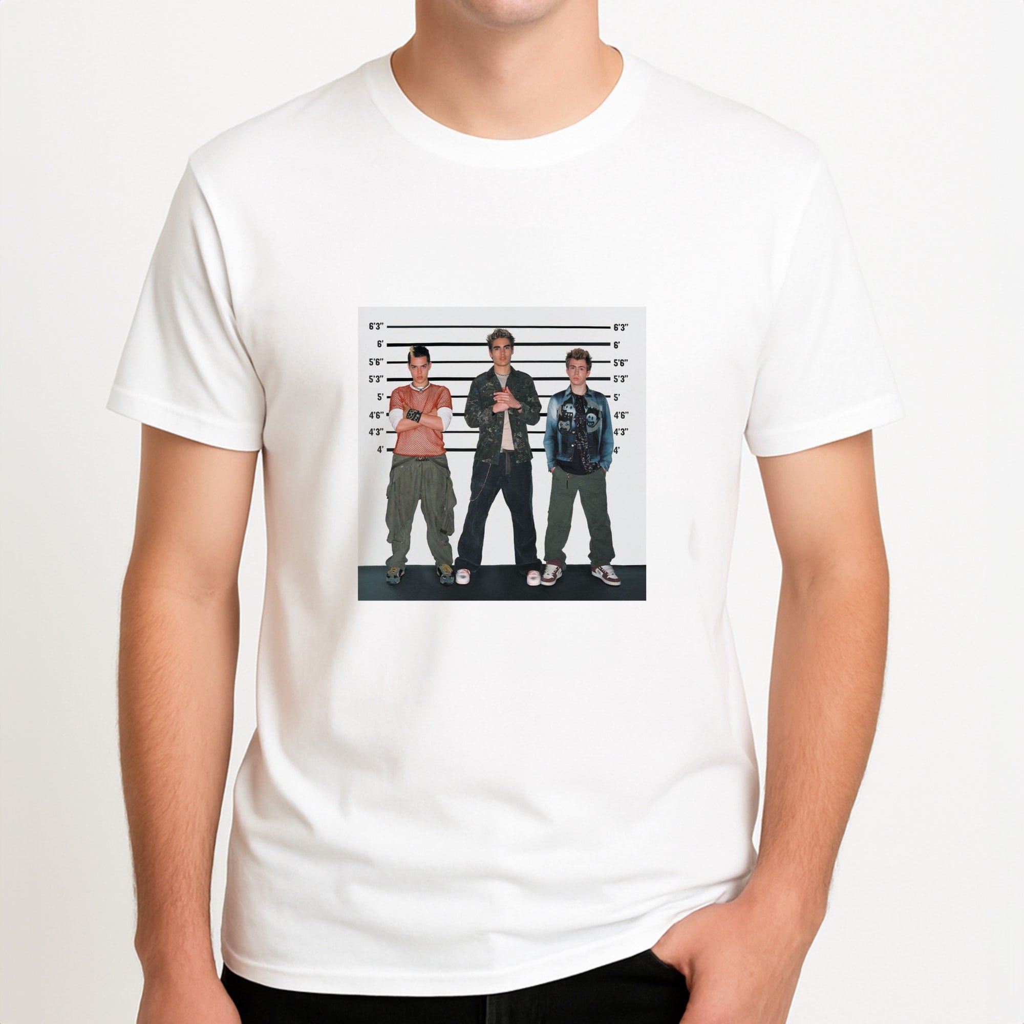 Height Chart - Bust Band Unisex T-Shirt, worn by a male model.