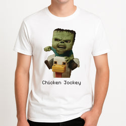 Chicken Jockey  Unisex T-Shirt, worn by a male model.