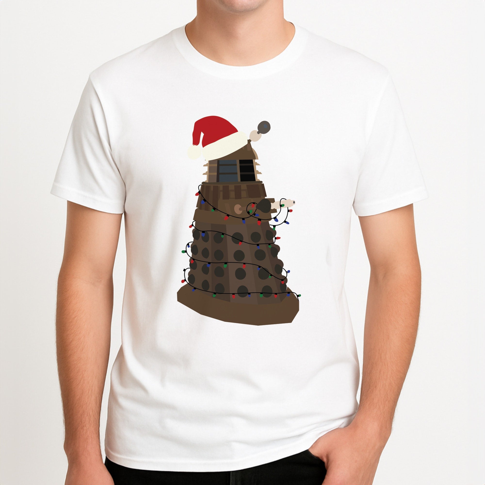 Christmas Dalek - Doctor Who Unisex T-Shirt, worn by a male model.