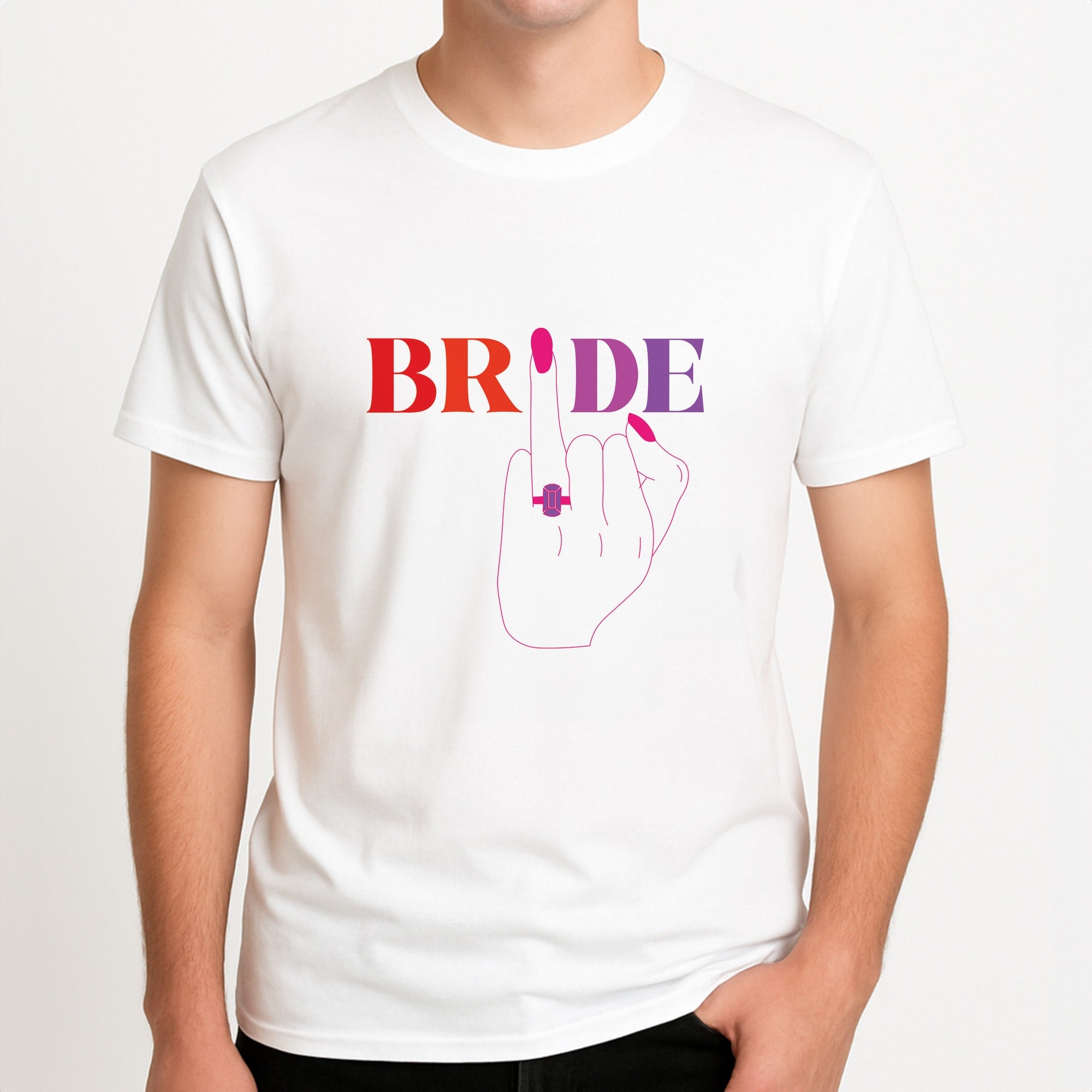 Bride - Bridal  Unisex T-Shirt, worn by a male model.