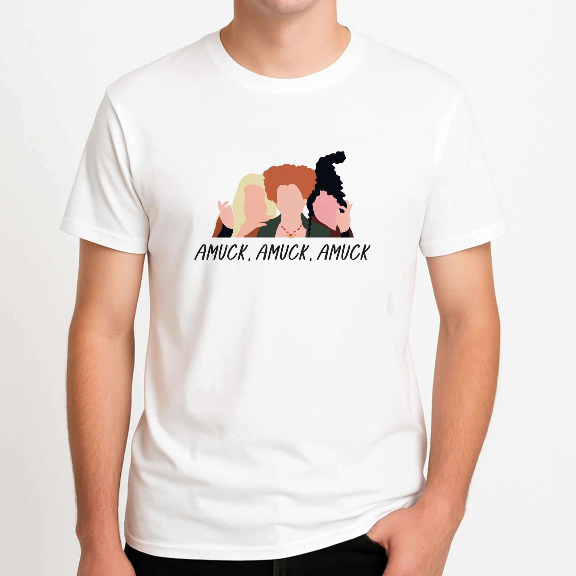 Amuck, Amuck, Amuck - Hocus Halloween Unisex T-Shirt, worn by a male model.
