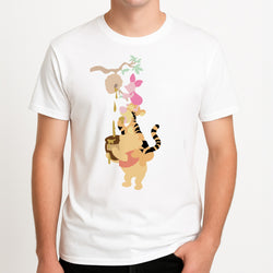 Bouncing Tiger , Piglet , Yellow Bear Unisex T-Shirt, worn by a male model.
