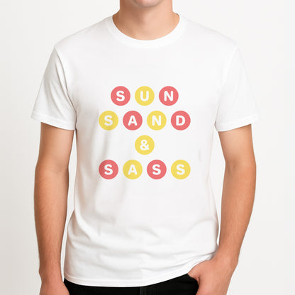 Sun, Sand And Sass Unisex T-Shirt, worn by a male model.