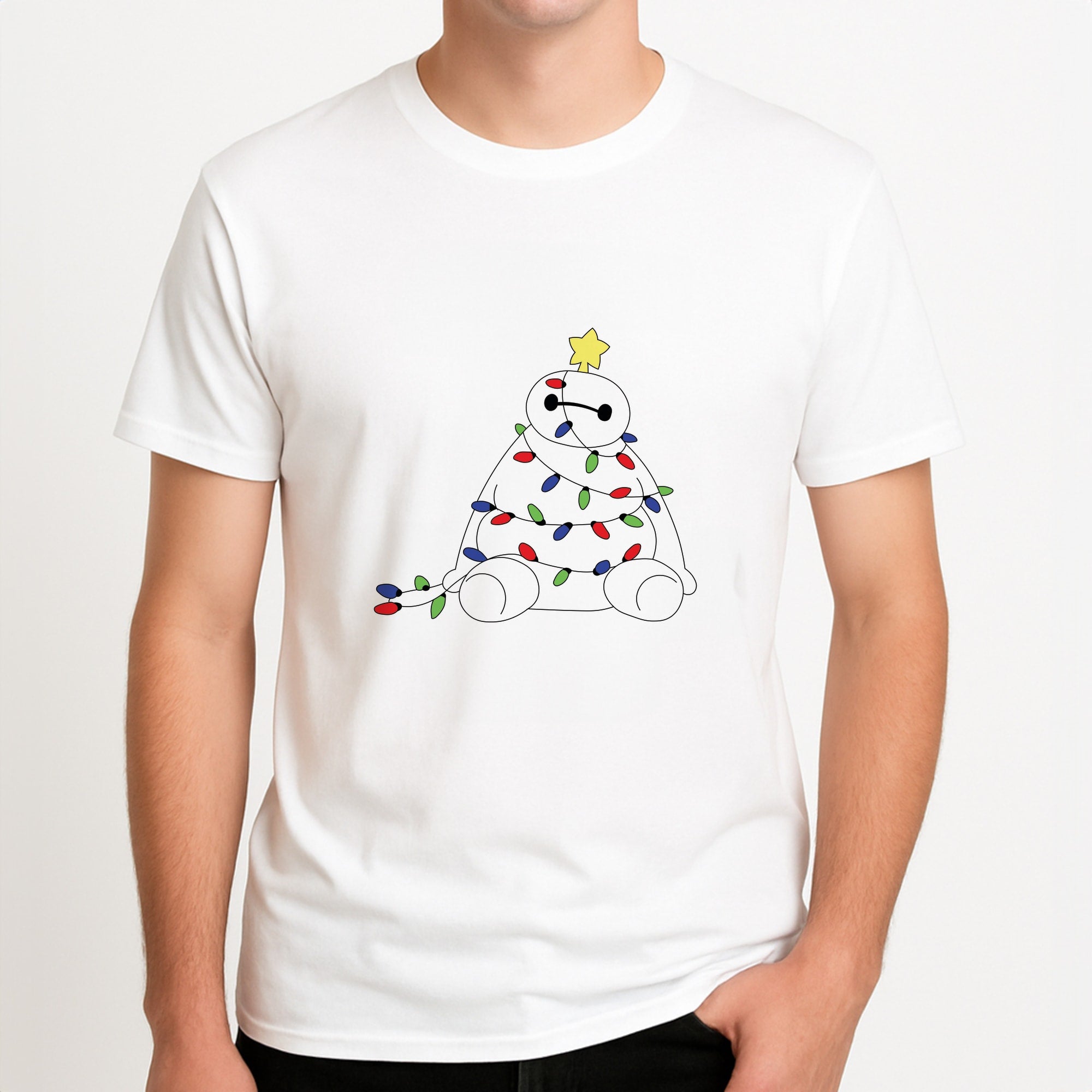 Baymax Christmas Unisex T-Shirt, worn by a male model.